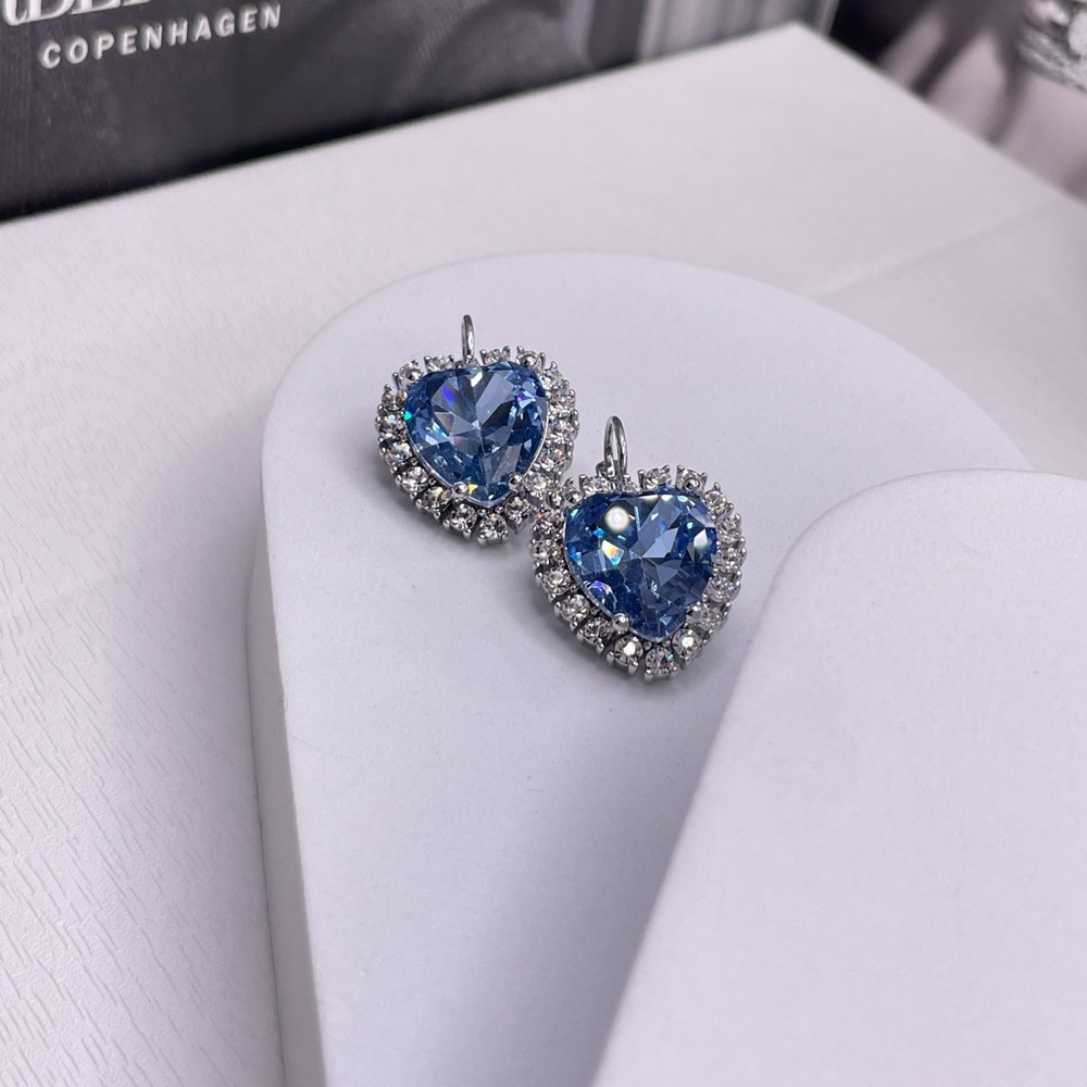 Light Blue Heart And Clear Crystals Silver Earrings, Sterling Silver Plated
